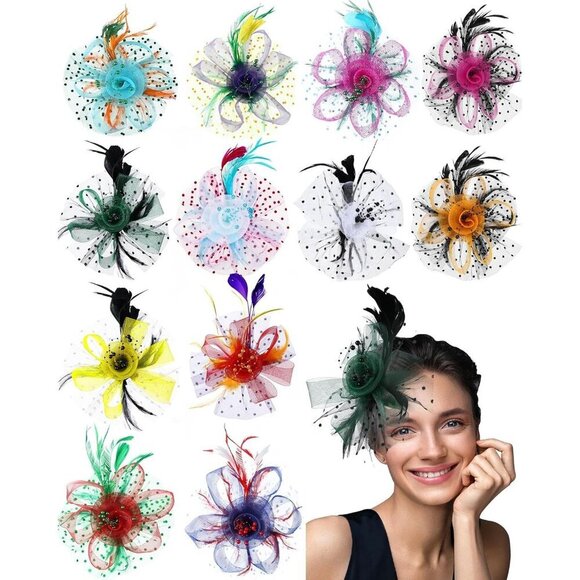 12 Pcs Women Fascinators Mesh Faux Feather Flower Hair Clips for Party Weddings main image 5